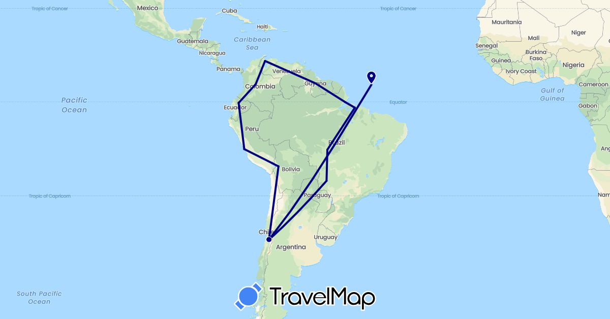 TravelMap itinerary: driving in Bolivia, Brazil, Chile, Colombia, Ecuador, Guyana, Peru (South America)